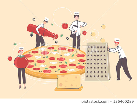 Cartoon Color Tiny Characters People Cook Pizza Concept Flat Design Style. Vector illustration of Person and Pepperoni Cartoon Color Tiny Characters People Cook Pizza Concept Flat Design Style. Vector illustration of Person and Pepperoni 126400289