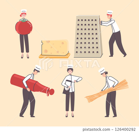Cartoon Color Tiny Characters People Make Pasta Concept Flat Design Style. Vector illustration of Person and Spaghetti Cartoon Color Tiny Characters People Make Pasta Concept Flat Design Style. Vector illustration of Person and Spaghetti 126400292
