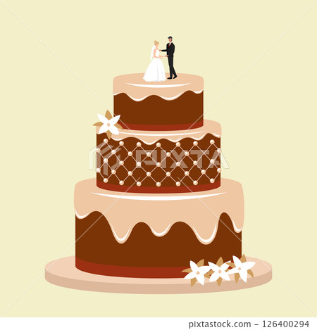 Cartoon Color Wedding Cake with Flowers and Figurines of Bride and Groom on Top Concept Flat Design Symbol of Love and Marriage. Vector illustration Cartoon Color Wedding Cake with Flowers and Figurines of Bride and Groom on Top Concept Flat Design Symbol of Love and Marriage. Vector illustration 126400294