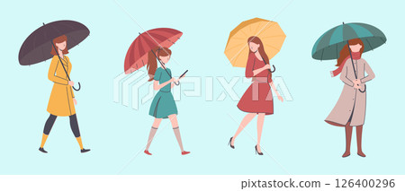 Cartoon Color Characters Women Holding Umbrella Set Rainy Weather Concept Flat Design Style with Lineart Elements. Vector illustration Cartoon Color Characters Women Holding Umbrella Set Rainy Weather Concept Flat Design Style with Lineart Elements. Vector illustration 126400296