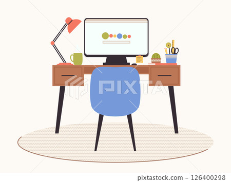 Cartoon Color Workplace with Desk, Chair and Computer Home or Office Furniture Concept Flat Design Style. Vector illustration 126400298