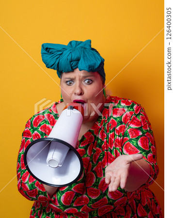Colorful Retro Woman Shouting Through a Megaphone 126400305