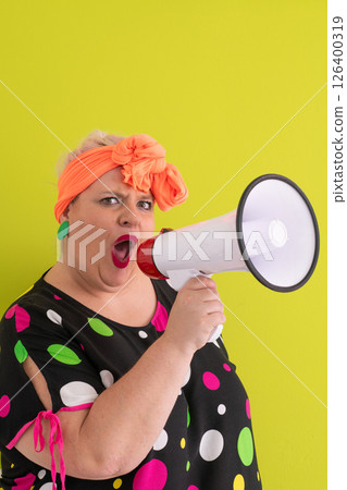 Colorful Retro Woman Shouting Through a Megaphone 126400319