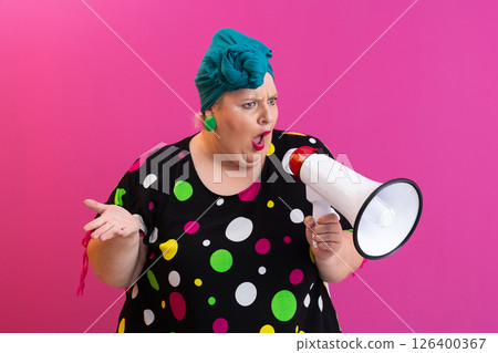 Colorful Retro Woman Shouting Through a Megaphone Colorful Retro Woman Shouting Through a Megaphone 126400367