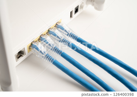 Ethernet cable with wireless router connect to internet service provider internet network. 126400398