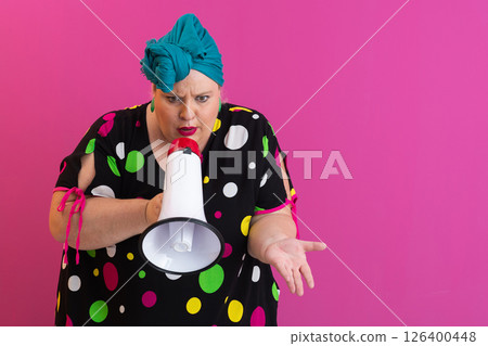 Colorful Retro Woman Shouting Through a Megaphone 126400448