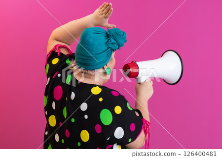 Colorful Retro Woman Shouting Through a Megaphone Colorful Retro Woman Shouting Through a Megaphone 126400481