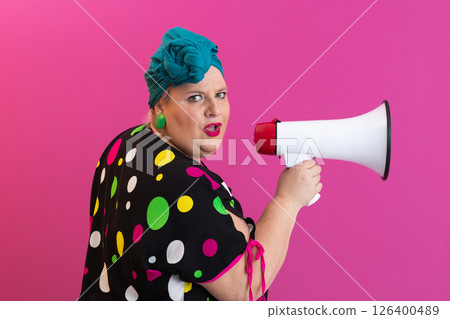 Colorful Retro Woman Shouting Through a Megaphone Colorful Retro Woman Shouting Through a Megaphone 126400489