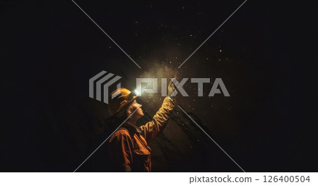 Woman Miner in Protective Gear Reaching for Light in Dark Mine.Generated image 126400504