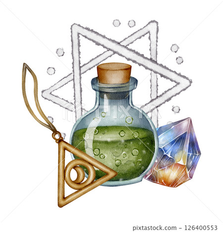 Magic potion bottle with pendant and crystal Magic potion bottle with pendant and crystal 126400553