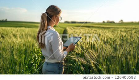 Farmer using tablet to analyze smart field data and monitor wheat quality on a digital farm. Generated imag 126400598