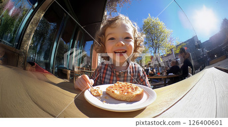 Happy child enjoying a delicious snack in natural daylight, captured with a fish eye lens. Generated image 126400601