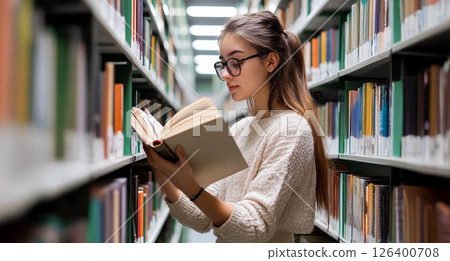 Young student using hologram technology and artificial intelligence to search for a book in the library. Generated image 126400708
