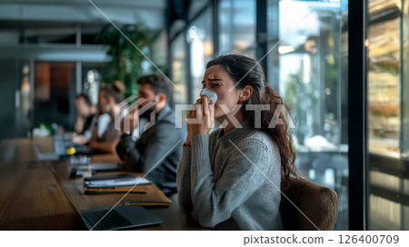 Ill Businesswoman Coughing and Sneezing While Sitting with Colleagues in the Office. Generated image Ill Businesswoman Coughing and Sneezing While Sitting with Colleagues in the Office. Generated image 126400709