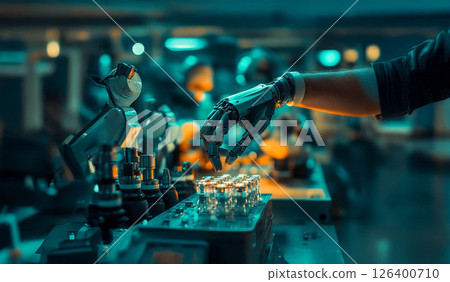 Group of Engineers Working on Robotics with Robots in a Laboratory. Generated image 126400710