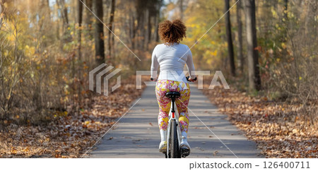 Confident Plus-Size Woman Enjoying a Bicycle Ride on a Crisp Autumn Morning. Generated image Confident Plus-Size Woman Enjoying a Bicycle Ride on a Crisp Autumn Morning. Generated image 126400711