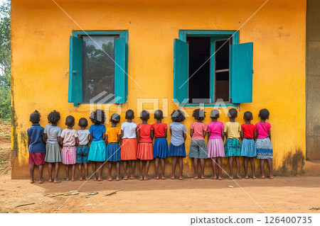 Group of Children Waiting in Line to Enter Schoo.Generated image 126400735