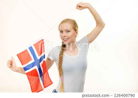 Young woman with norwegian flag Young woman with norwegian flag 126400790