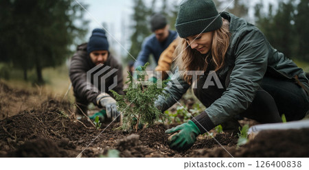 Multinational team of volunteers planting trees and working on a reforestation project for environmental conservation. Generated image 126400838