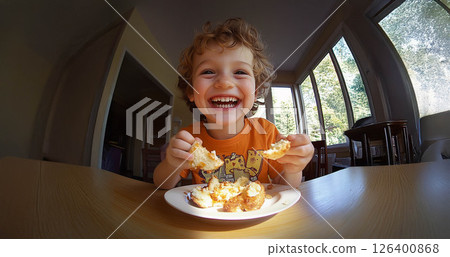 Happy child enjoying a delicious snack in natural daylight, captured with a fish eye lens. Generated image 126400868