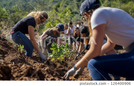Multinational team of volunteers planting trees and working on a reforestation project for environmental conservation. Generated image 126400906