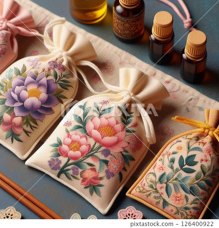 Make your own sachets using essential oils with aromatherapy! Stylish floral bags 126400922