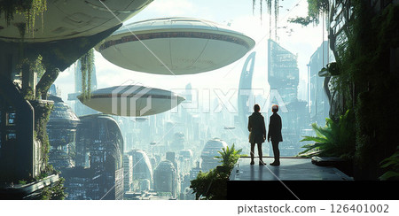 Aliens Arrive in 2080, Becoming an Integrated and Modern Part of City Life and Human Friendship. Generated image Aliens Arrive in 2080, Becoming an Integrated and Modern Part of City Life and Human Friendship. Generated image 126401002