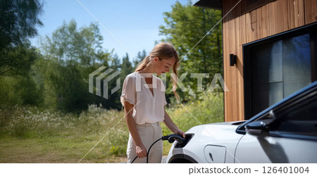 Woman Charging Her Electric Car at a Modern Home Surrounded by Nature, Embracing Sustainable Living. Generated image 126401004