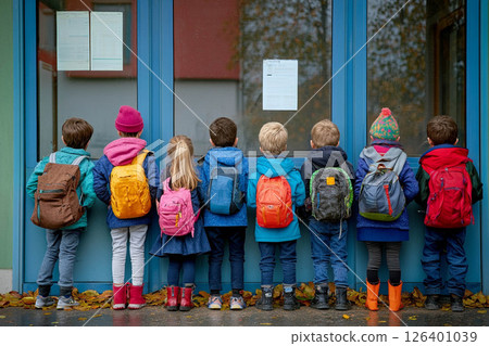 Group of Children Waiting in Line to Enter Schoo.Generated image 126401039