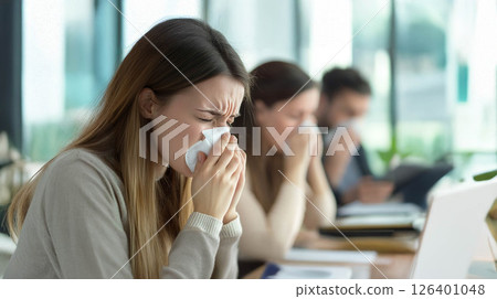 Ill Businesswoman Coughing and Sneezing While Sitting with Colleagues in the Office. Generated image 126401048