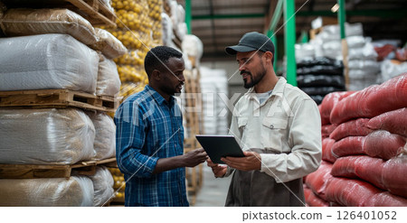 Factory Manager Collaborates with Migrant Worker Using Tablet Technology on the Production Floor. Generated image 126401052