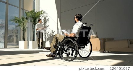 A diverse group of office workers, including a person in a wheelchair, discussing business moments in a modern office setting. Generated image 126401057