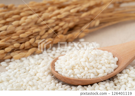 Ears of rice and glutinous rice on a spoon Ears of rice and glutinous rice on a spoon 126401119