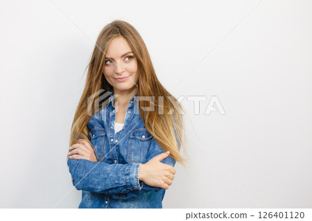 Female with denim jacket. 126401120