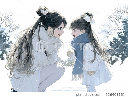 孩子和母親在冬季公園散步的插圖素材 126401161