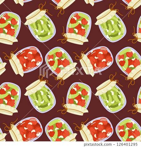 Seamless pattern of marinated vegetable in glass jars in cartoon style. Perfect for kitchen decor, food packaging, farm market design and autumn harvest product. 126401295