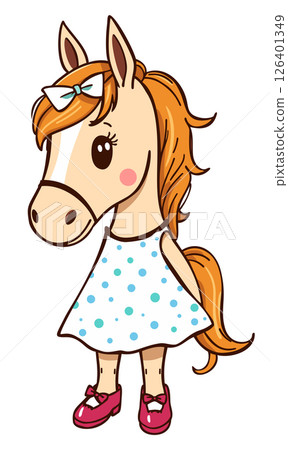 Cute baby horse in summer dotted dress and mary jane shoes. Vector isolated illustration 126401349