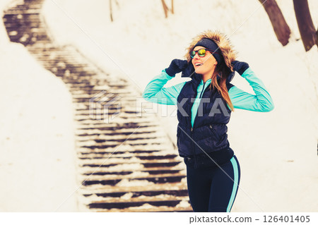 Girl on path looks around Girl on path looks around 126401405