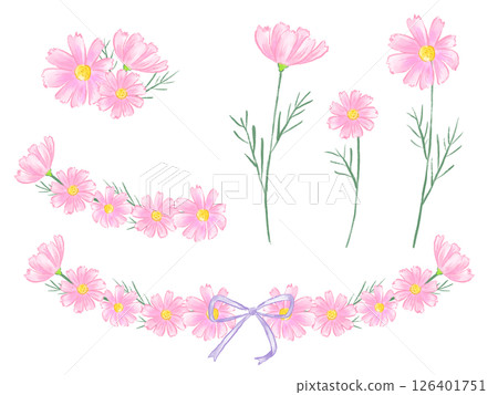 Hand-drawn watercolor illustration set of cosmos flowers, autumn landscape, Respect for the Aged Day 126401751