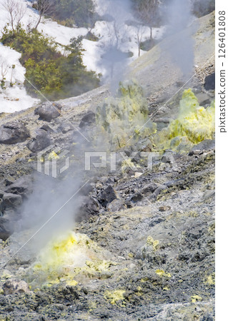 The fumarole of Tamagawa Onsen, Japan's most acidic hot spring. Akita, Japan 126401808