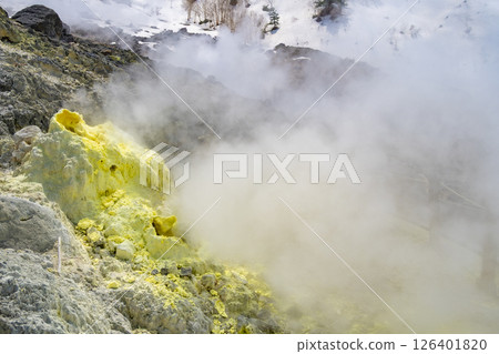 The fumarole of Tamagawa Onsen, Japan's most acidic hot spring. Akita, Japan The fumarole of Tamagawa Onsen, Japan's most acidic hot spring. Akita, Japan 126401820