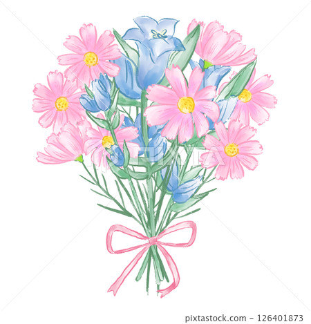 Bouquet of cosmos and gentian flowers, gentle hand-drawn watercolor illustration, autumn, Respect for the Aged Day 126401873