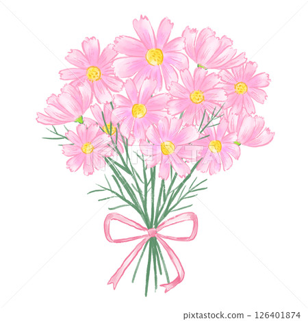Bouquet of pink cosmos flowers, gentle hand-drawn watercolor illustration, autumn, Respect for the Aged Day Bouquet of pink cosmos flowers, gentle hand-drawn watercolor illustration, autumn, Respect for the Aged Day 126401874