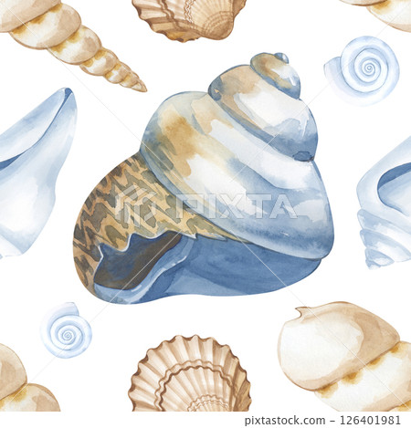 Watercolor seamless pattern with seashells on a white background. A pattern with a marine theme. Watercolor illustration. For wallpaper design, packaging. 126401981