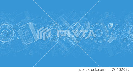 Mechanical engineering drawings on blue background. Cutting tools, milling cutter. Technical Design. Cover. Blueprint. Horizontal seamless pattern. Vector illustration. 126402032
