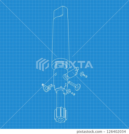 Mechanical engineering drawings. Tap tools, borer. Technical Design. Cover. Blueprint. Step Cutting Tool with Countersinking Function. Technical 3D Vector Illustration 126402034