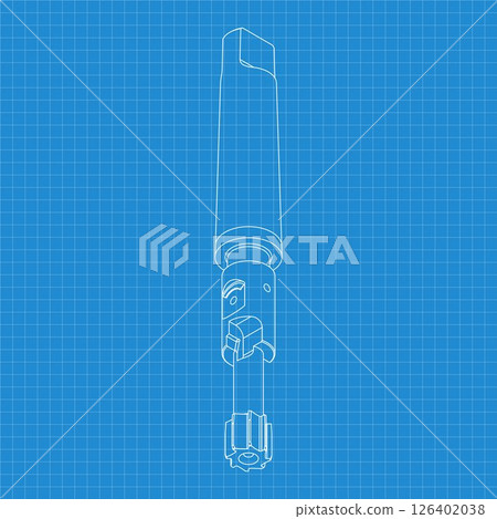 Mechanical engineering drawings. Tap tools, borer. Technical Design. Cover. Blueprint. Step Cutting Tool with Countersinking Function. Technical 3D Vector Illustration 126402038
