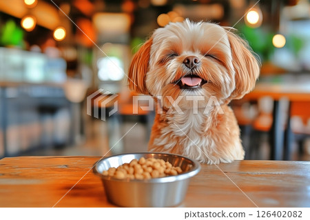Dog eating at the table Dog eating at the table 126402082