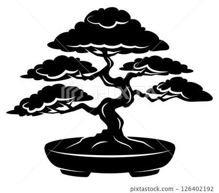 Silhouette of a bonsai tree in a pot with intricate branches and foliage 126402192