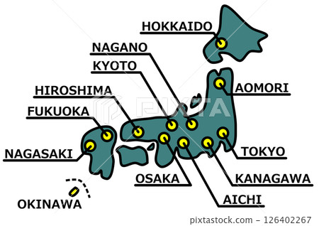 日本著名旅遊景點和主要城市的地圖插圖 126402267